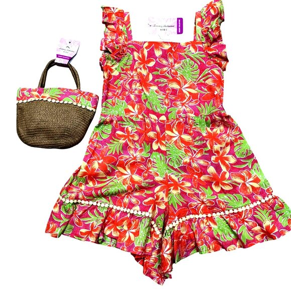 Tommy Bahama Girls Floral Romper Dress & Straw Purse Set - Tropical Print 7 NWT - Picture 1 of 11